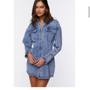 PINTUCKED DENIM MINI SHIRT DRESS